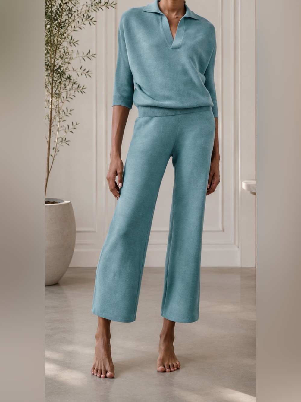 The Reset Label 100% Wool Knit Set Polo Top Wide Leg Pants Size L